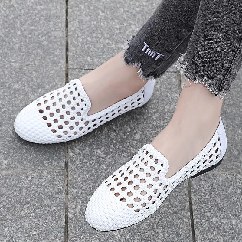 Womens Leather Woven Ballet Flats
