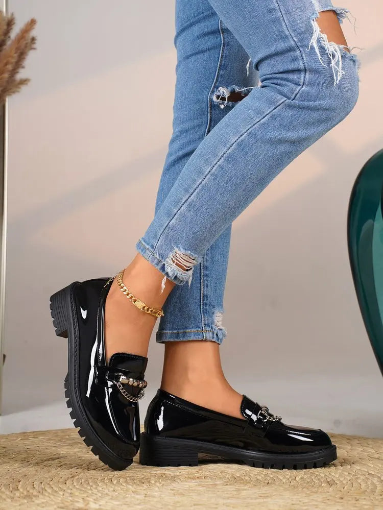 Women's Black Metal Chain Platform Loafers