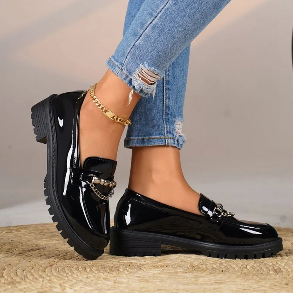 Women's Black Metal Chain Platform Loafers