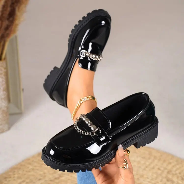Women's Black Metal Chain Platform Loafers