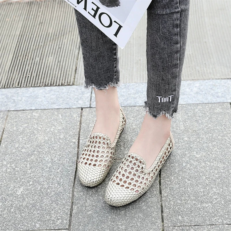Womens Leather Woven Ballet Flats