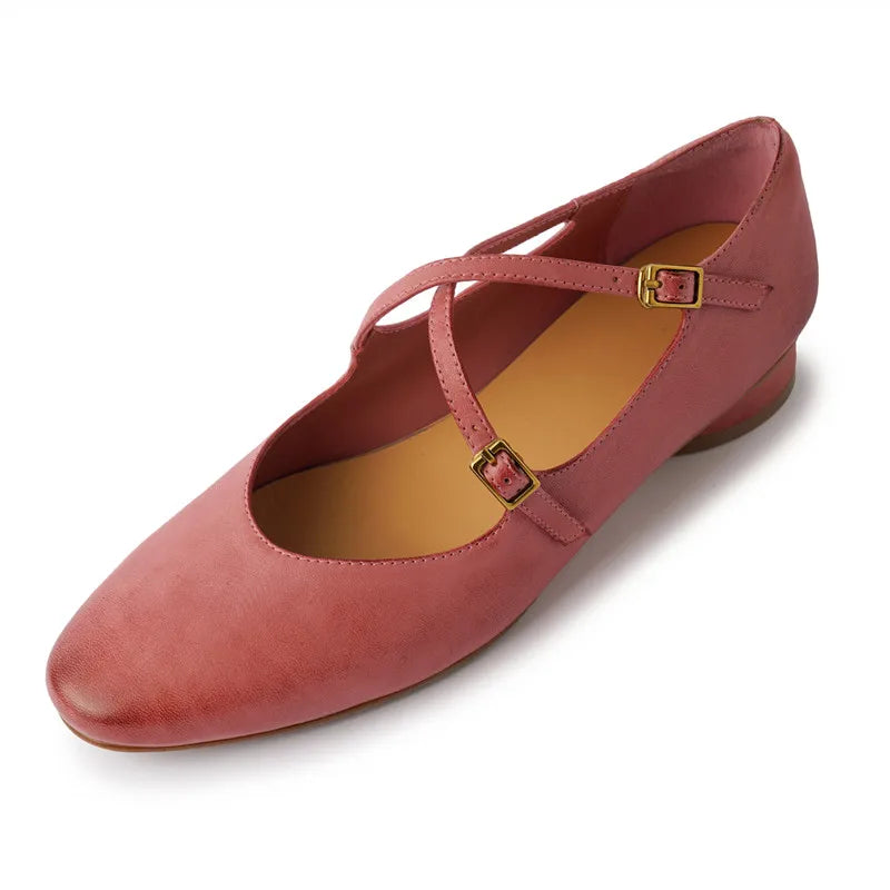 Womens Leather Cross Buckle Ballet Flats