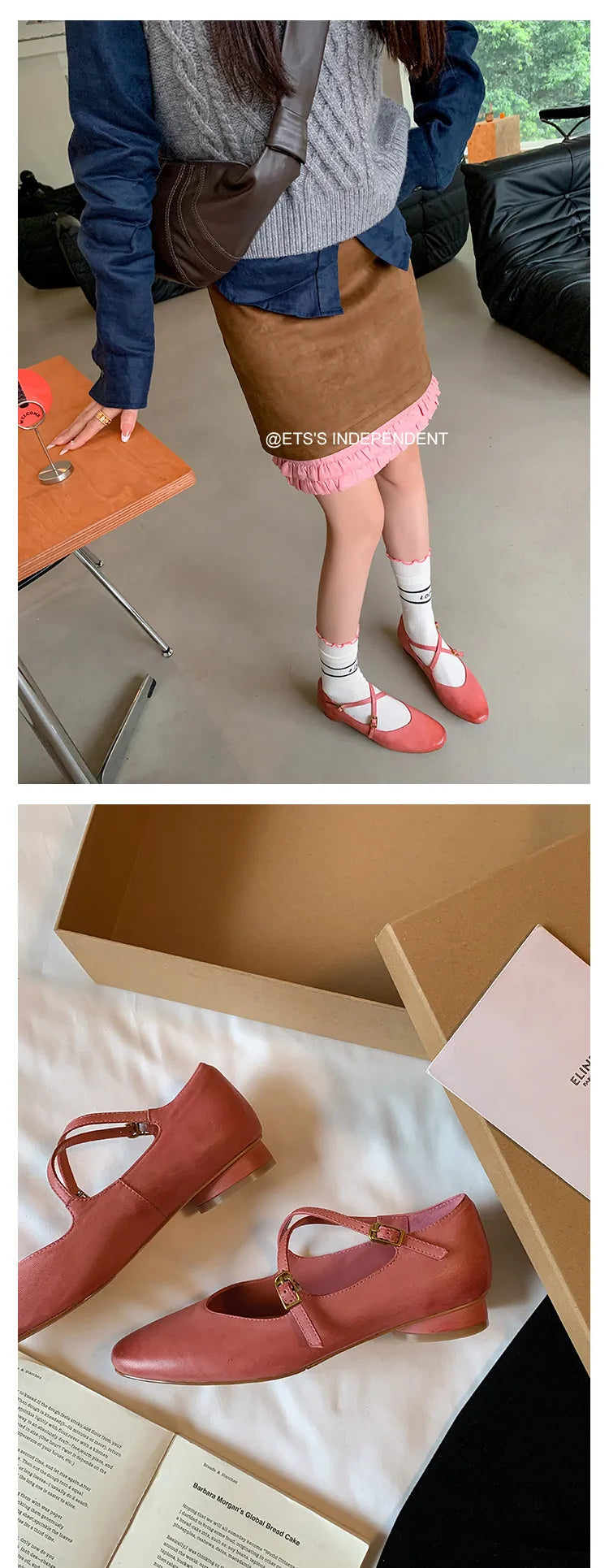 Womens Leather Cross Buckle Ballet Flats