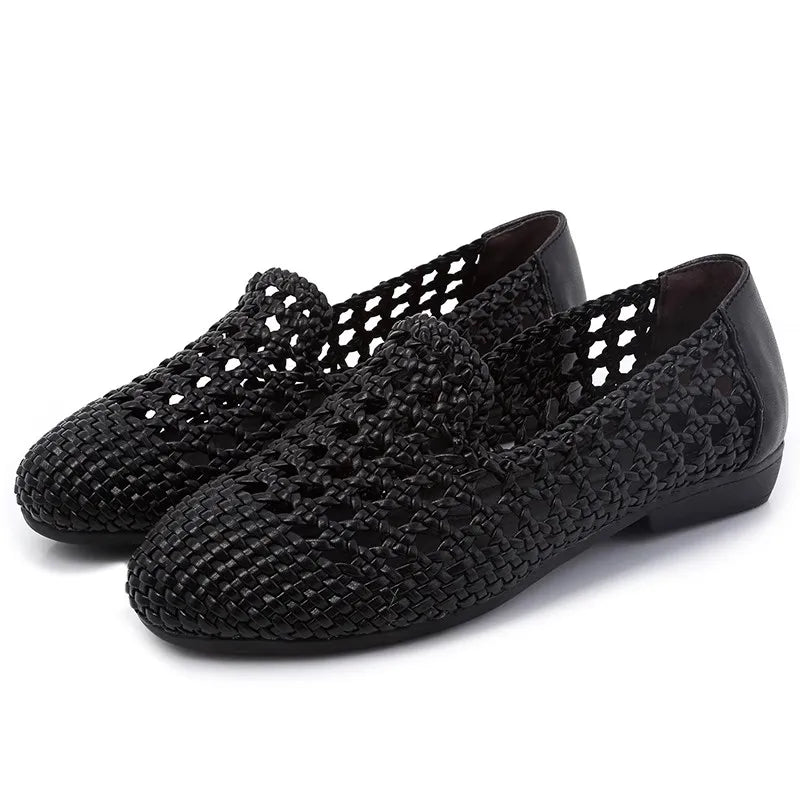 Womens Leather Woven Ballet Flats