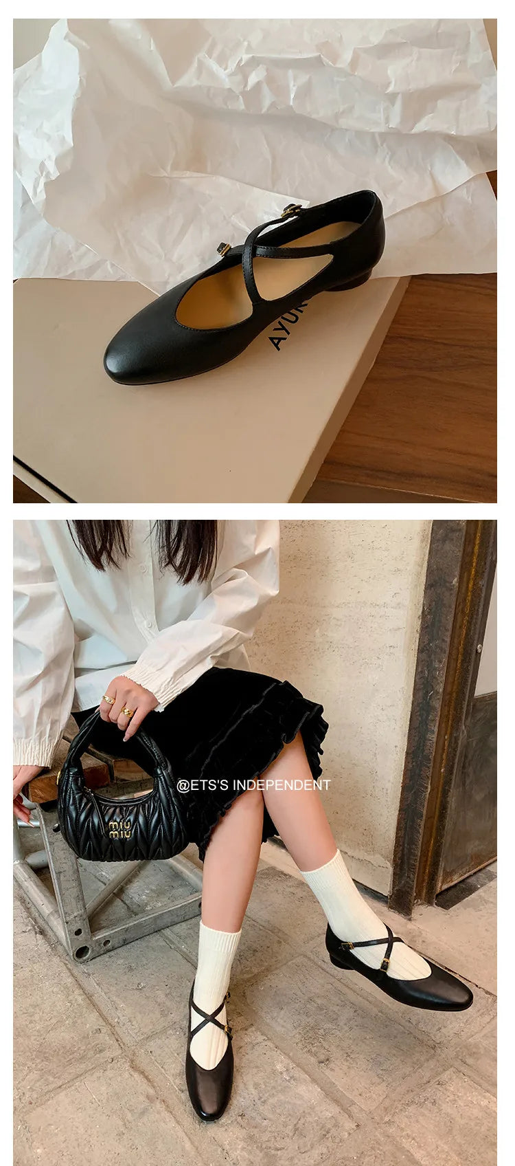 Womens Leather Cross Buckle Ballet Flats
