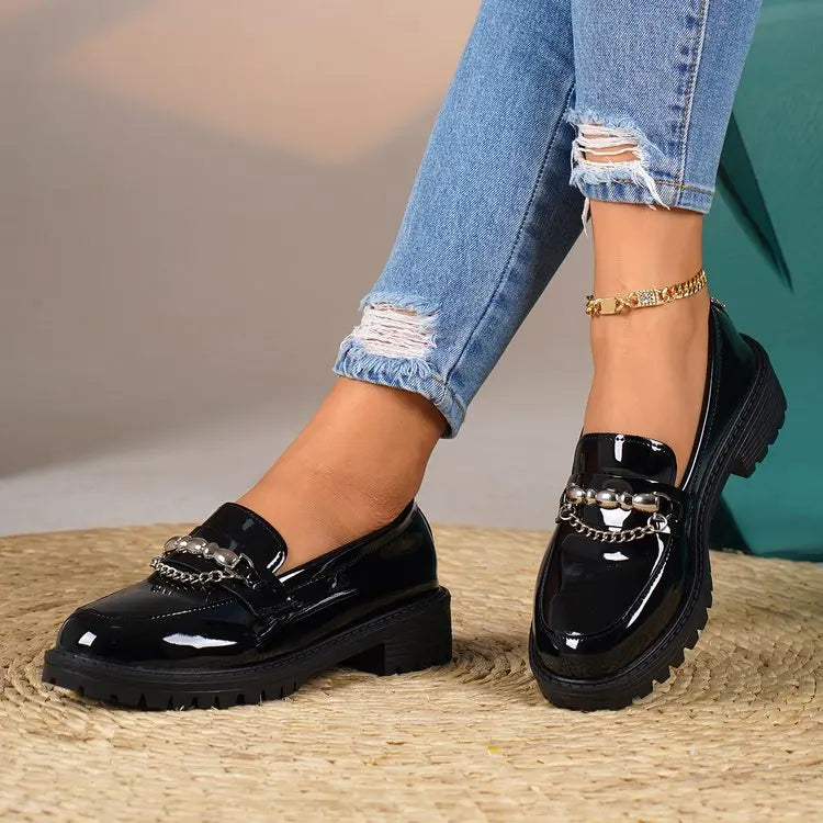 Women's Black Metal Chain Platform Loafers