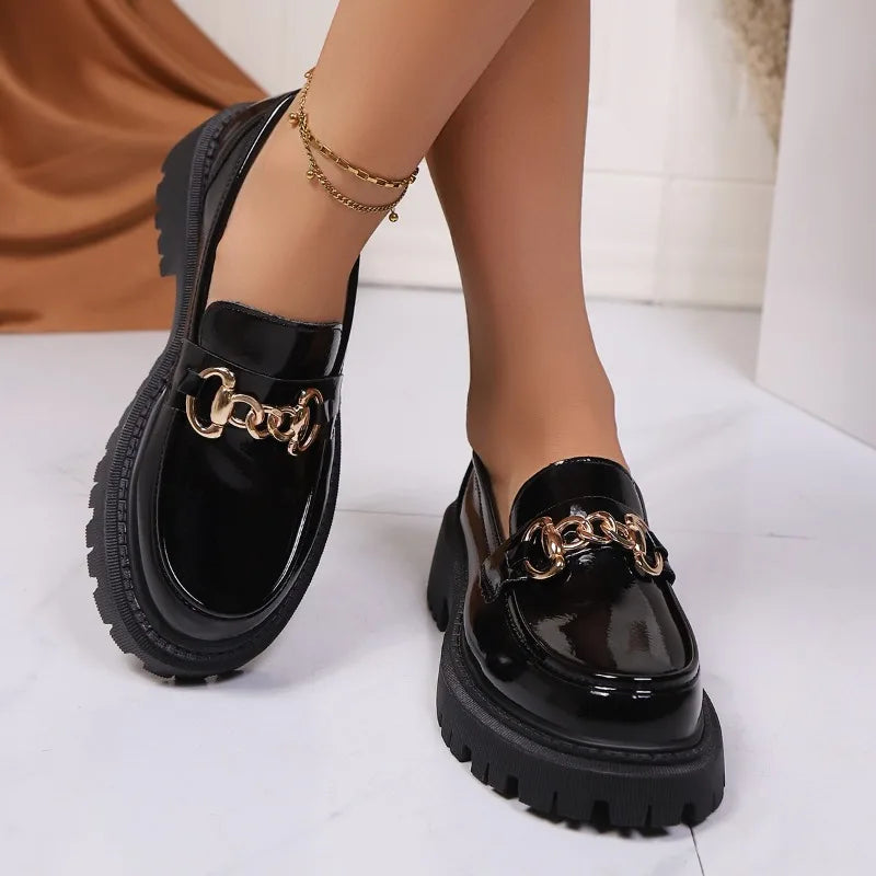 Women's Patent Leather Block Heel Loafers