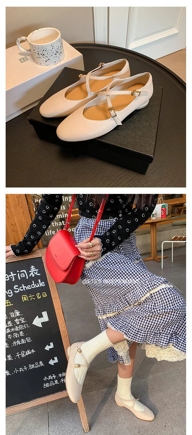 Womens Leather Cross Buckle Ballet Flats