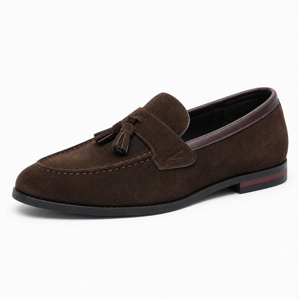 Brown suede tassel driving loafer close-up - womens suede tassel loafer