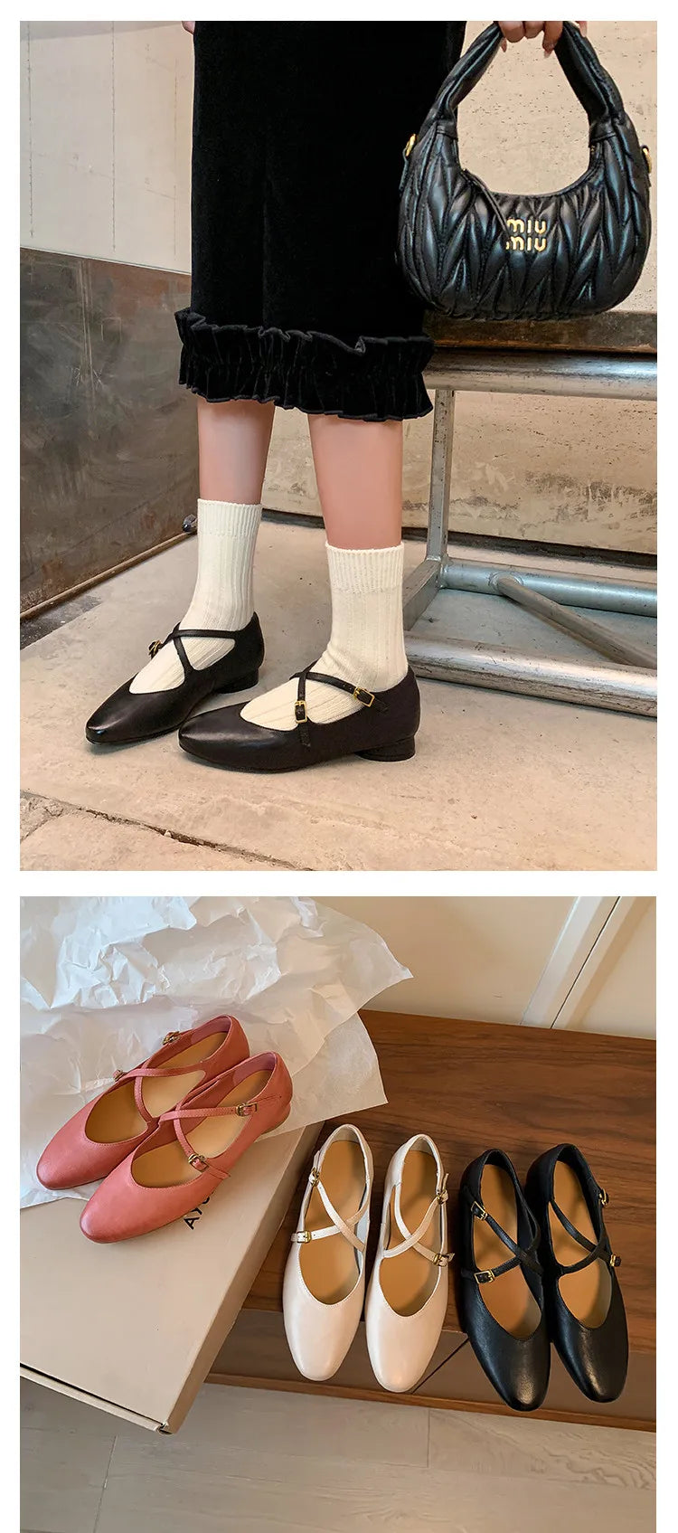 Womens Leather Cross Buckle Ballet Flats