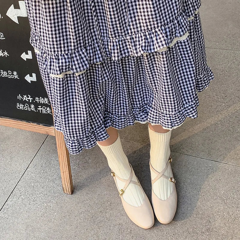 Womens Leather Cross Buckle Ballet Flats