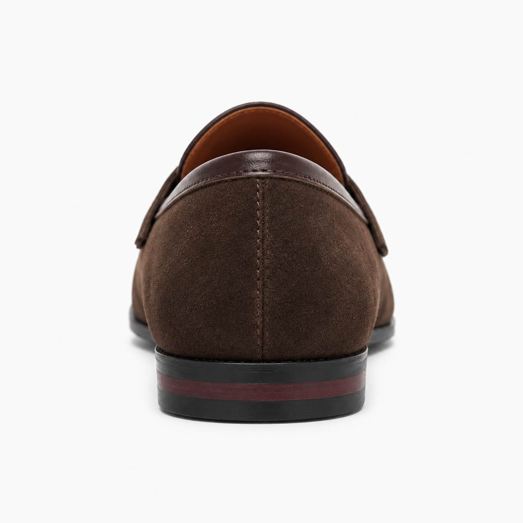 Brown suede tassel driving loafers heel view - premium womens loafers
