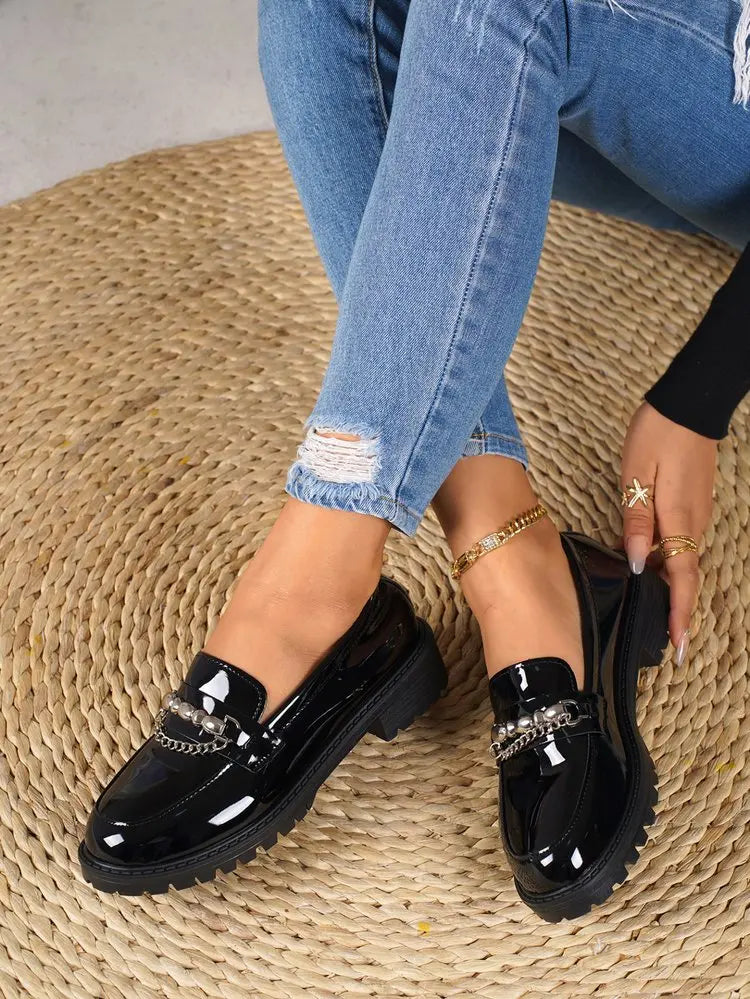Women's Black Metal Chain Platform Loafers