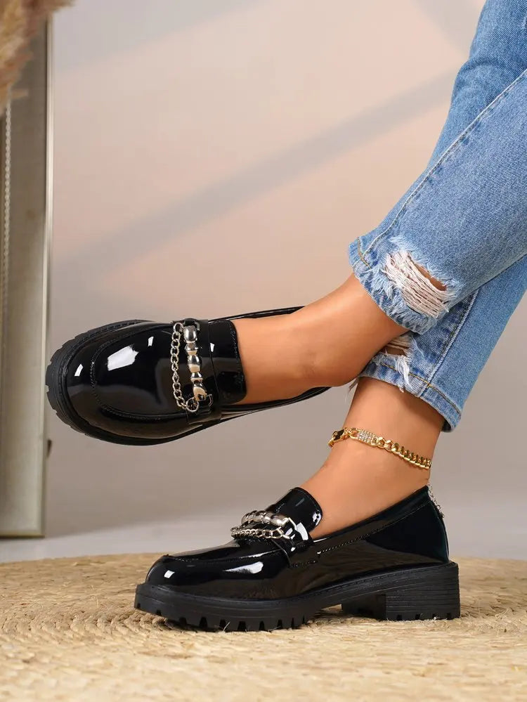 Women's Black Metal Chain Platform Loafers