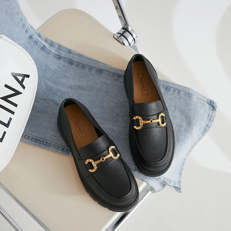 Women's Retro Gold Buckle Loafers