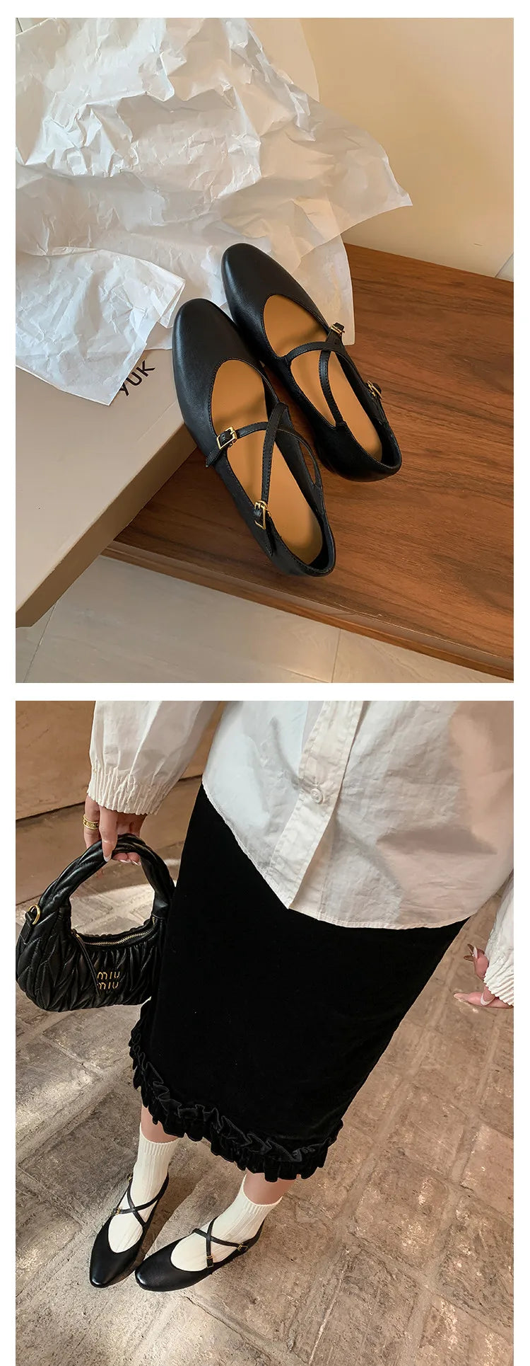 Womens Leather Cross Buckle Ballet Flats