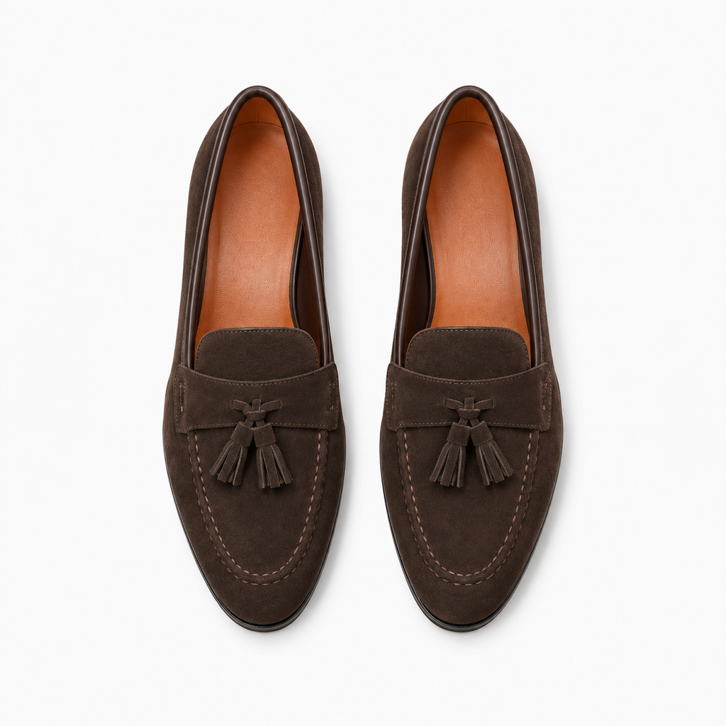 Brown suede tassel driving loafers top view - womens suede shoes