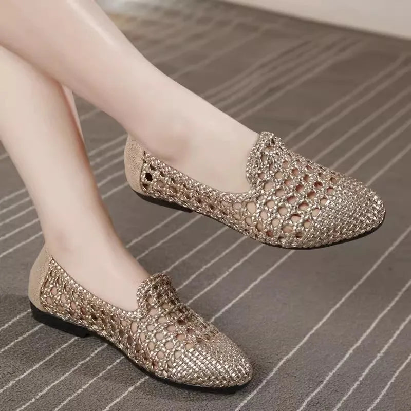 Womens Leather Woven Ballet Flats