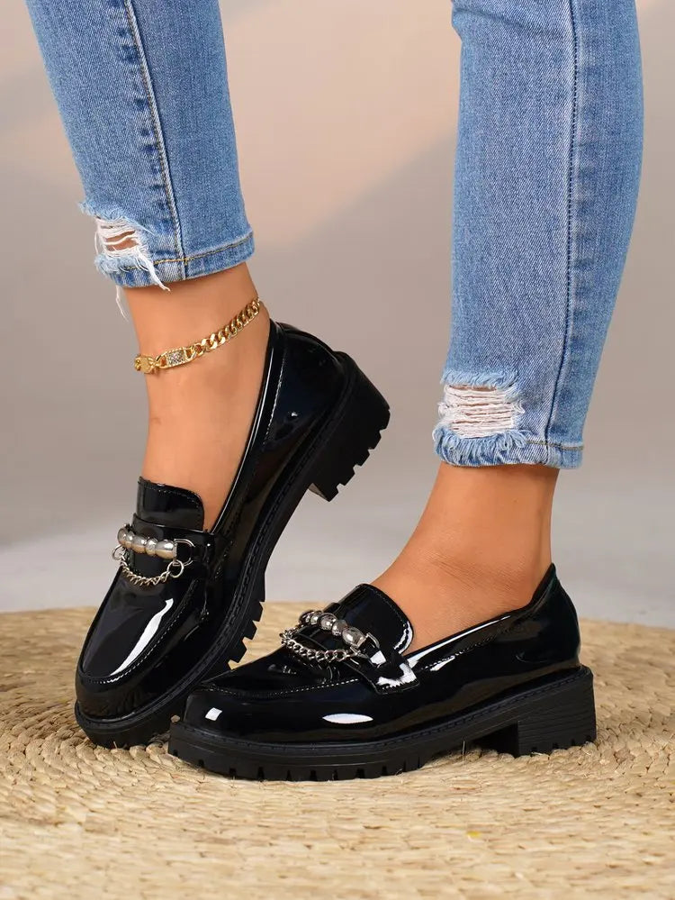 Women's Black Metal Chain Platform Loafers