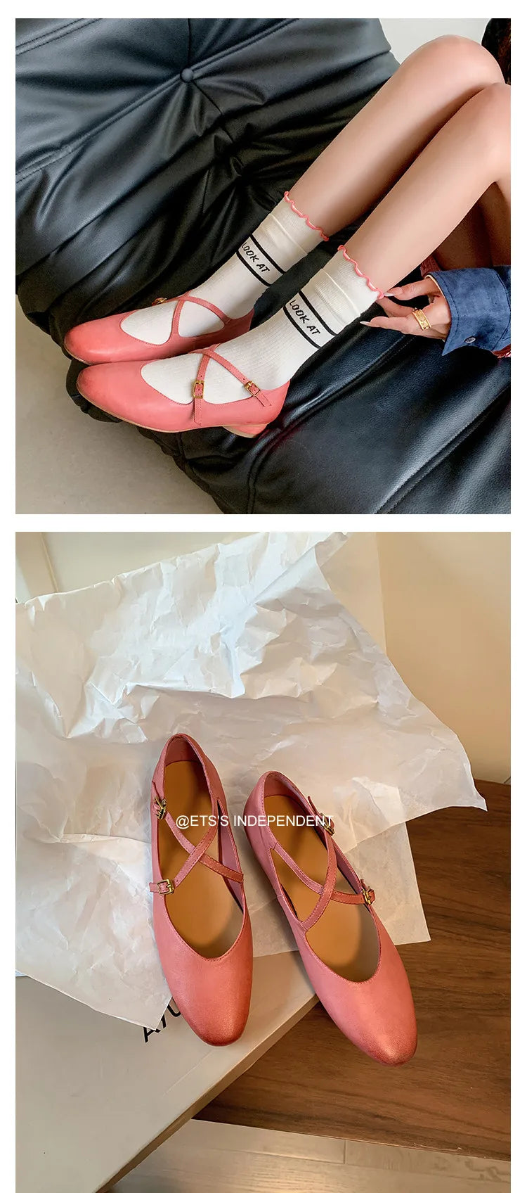 Womens Leather Cross Buckle Ballet Flats