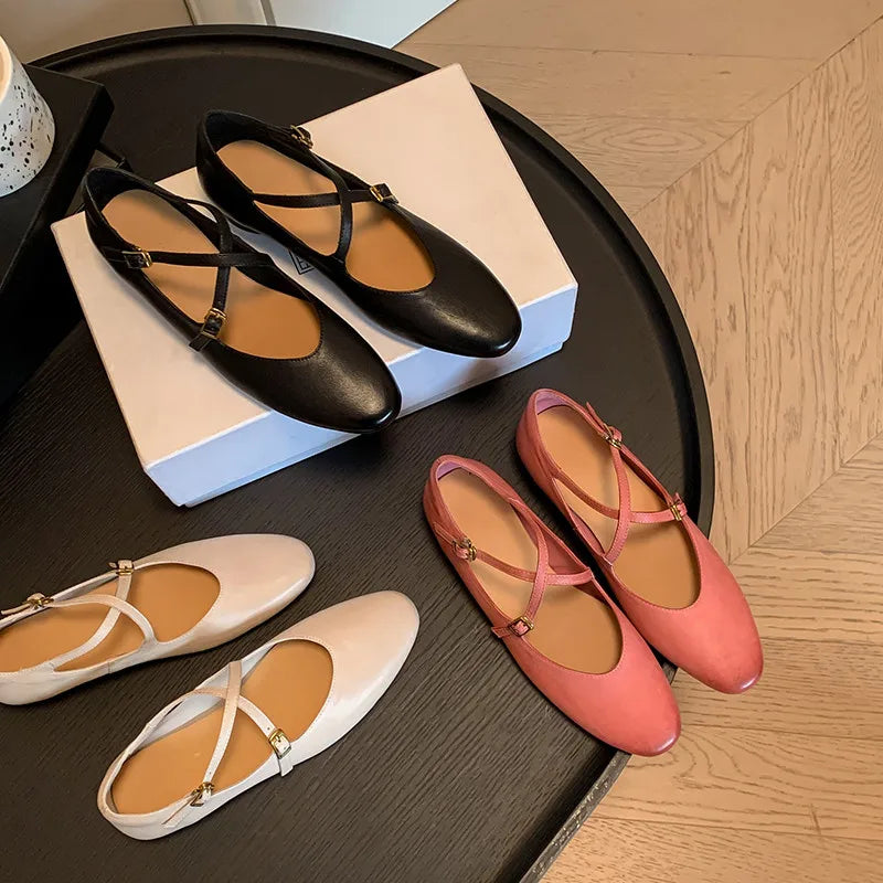 Womens Leather Cross Buckle Ballet Flats