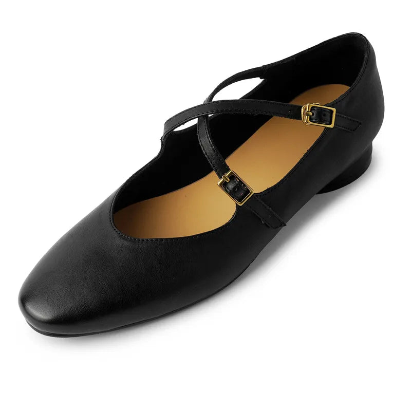 Womens Leather Cross Buckle Ballet Flats