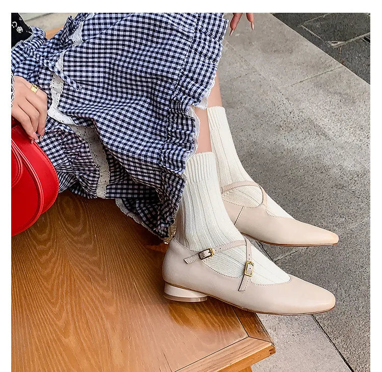 Womens Leather Cross Buckle Ballet Flats