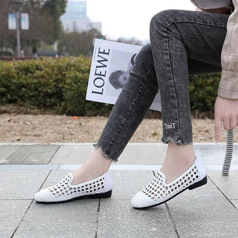 Womens Leather Woven Ballet Flats