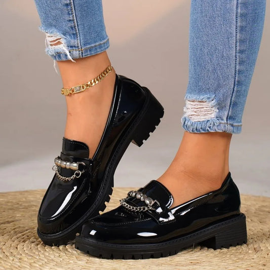Women's Black Metal Chain Platform Loafers