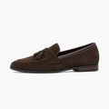 Brown suede tassel driving loafers - side profile womens loafers