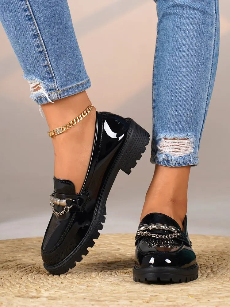 Women's Black Metal Chain Platform Loafers
