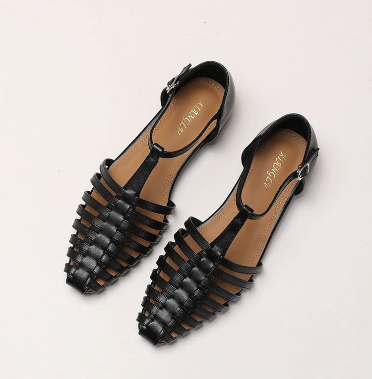 Womens T Bar Woven Ballet Flats side view - womens Mary Jane flats UK view 6