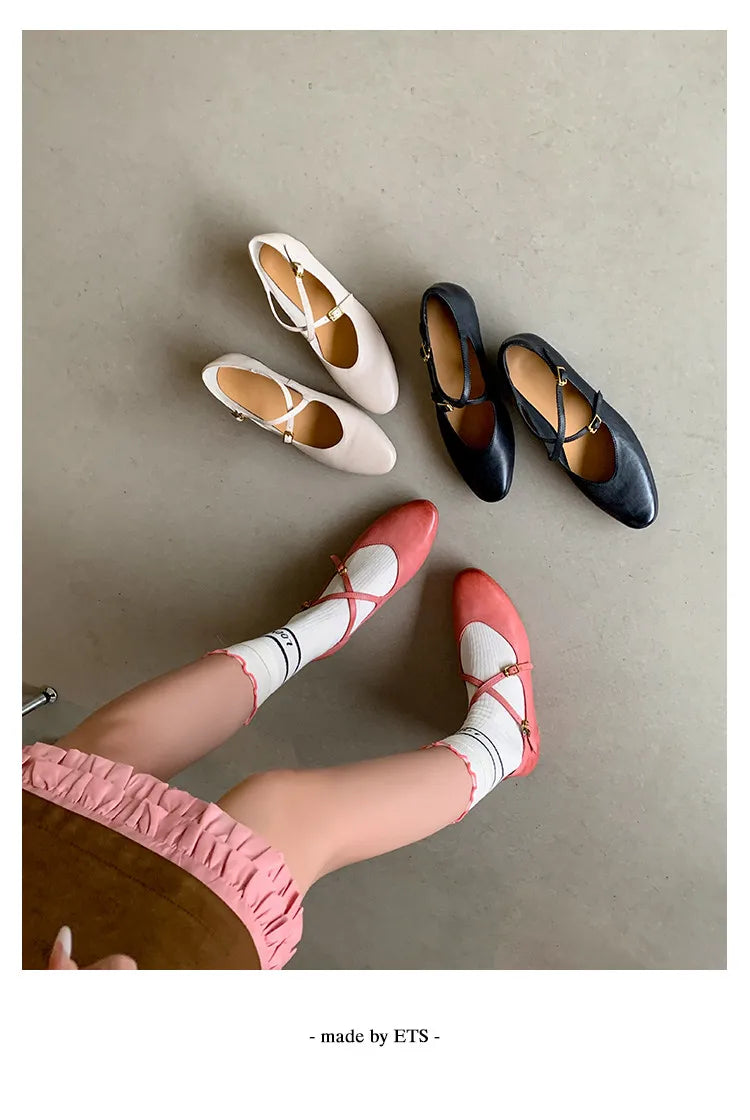 Womens Leather Cross Buckle Ballet Flats