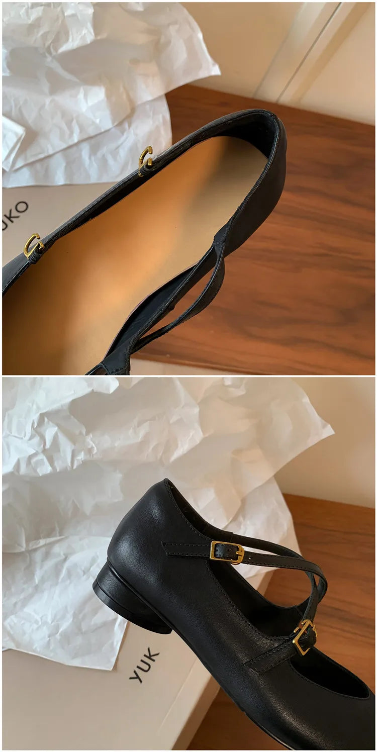 Womens Leather Cross Buckle Ballet Flats