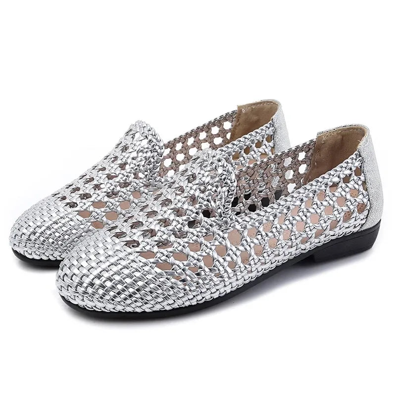Womens Leather Woven Ballet Flats