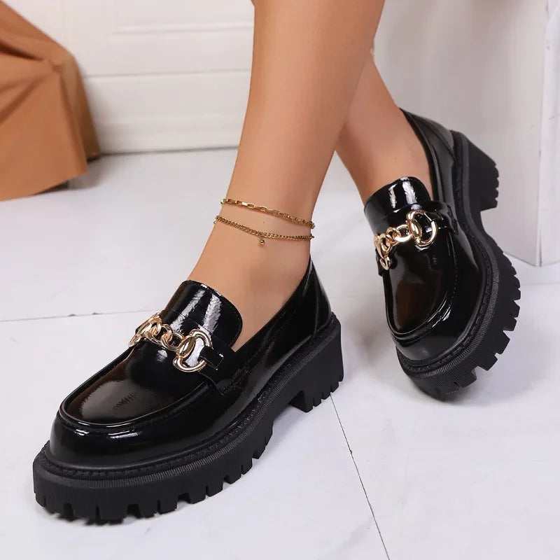 Women's Patent Leather Block Heel Loafers