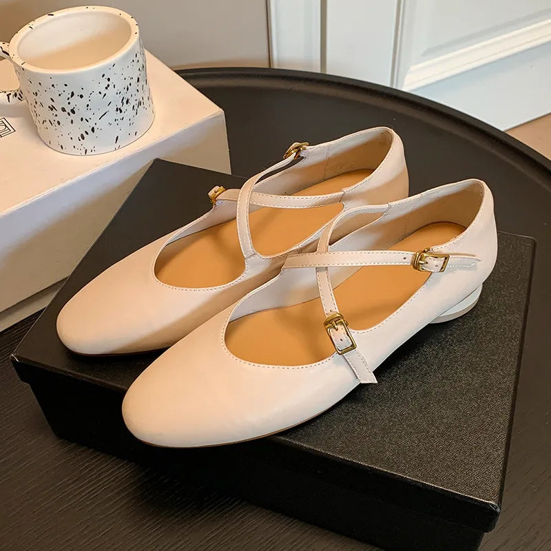 Womens Leather Cross Buckle Ballet Flats