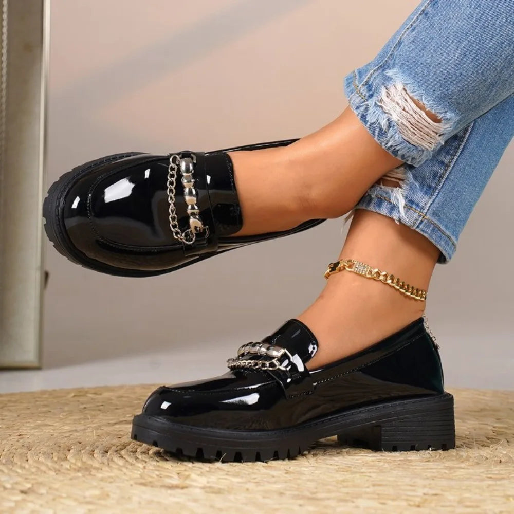 Women's Black Metal Chain Platform Loafers