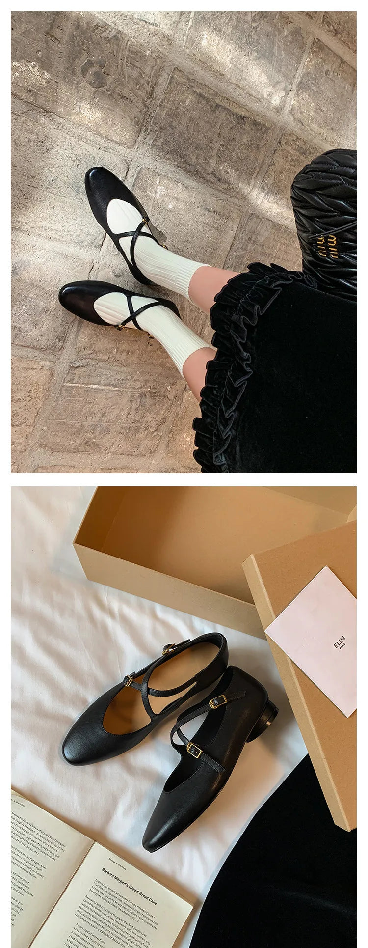 Womens Leather Cross Buckle Ballet Flats