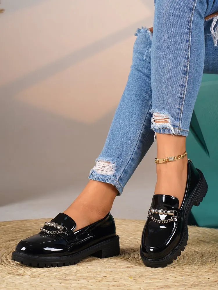 Women's Black Metal Chain Platform Loafers