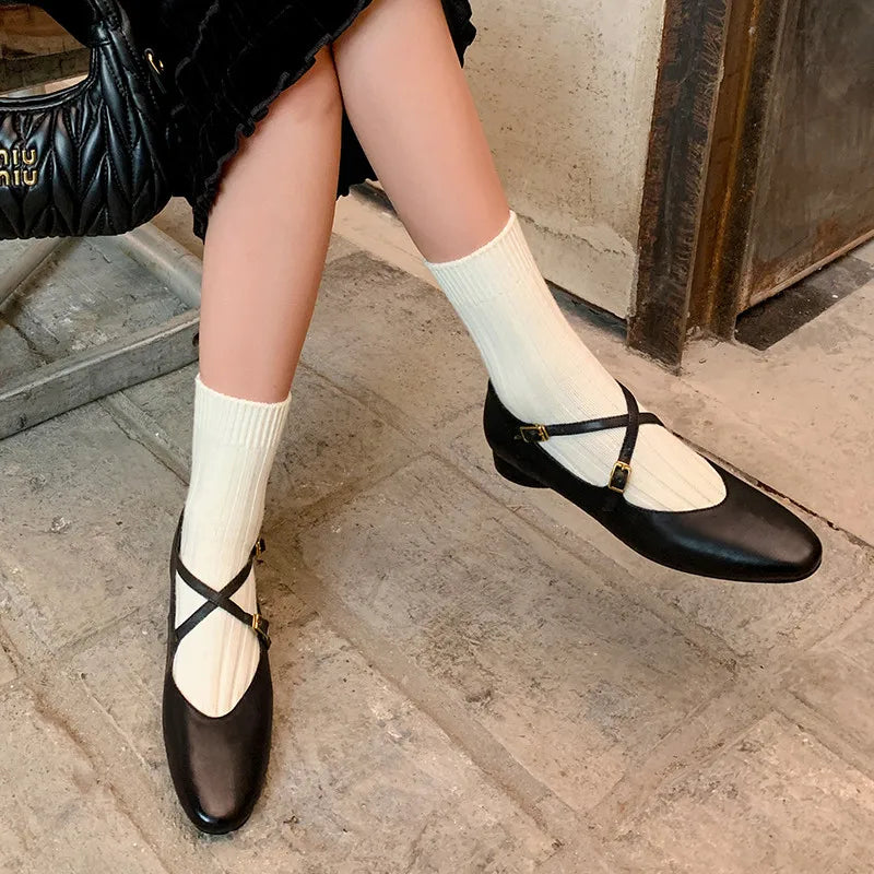Womens Leather Cross Buckle Ballet Flats