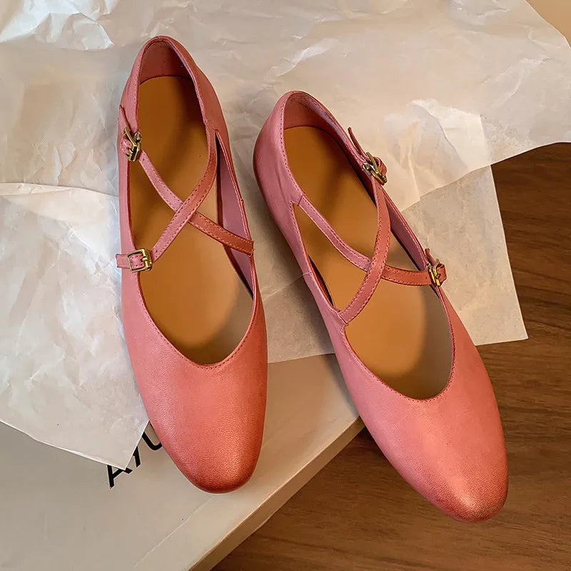 Womens Leather Cross Buckle Ballet Flats