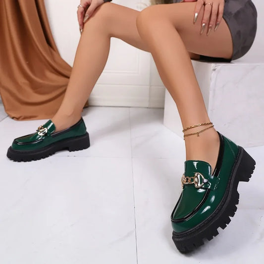 Women's Patent Leather Block Heel Loafers