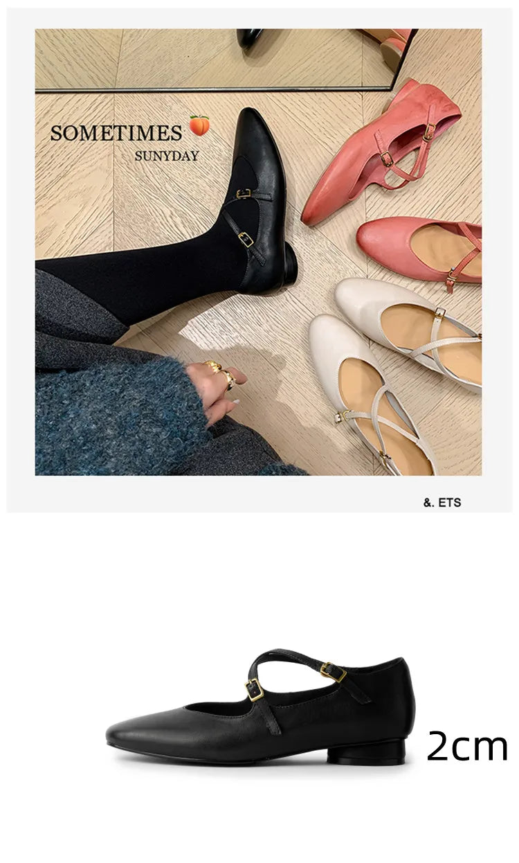 Womens Leather Cross Buckle Ballet Flats