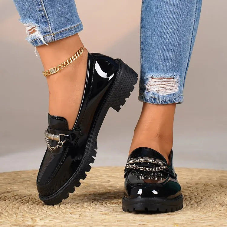 Women's Black Metal Chain Platform Loafers