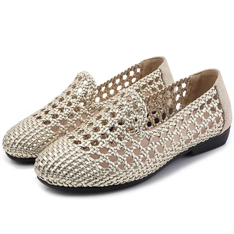 Womens Leather Woven Ballet Flats