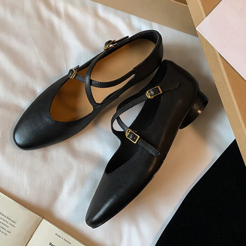 Womens Leather Cross Buckle Ballet Flats