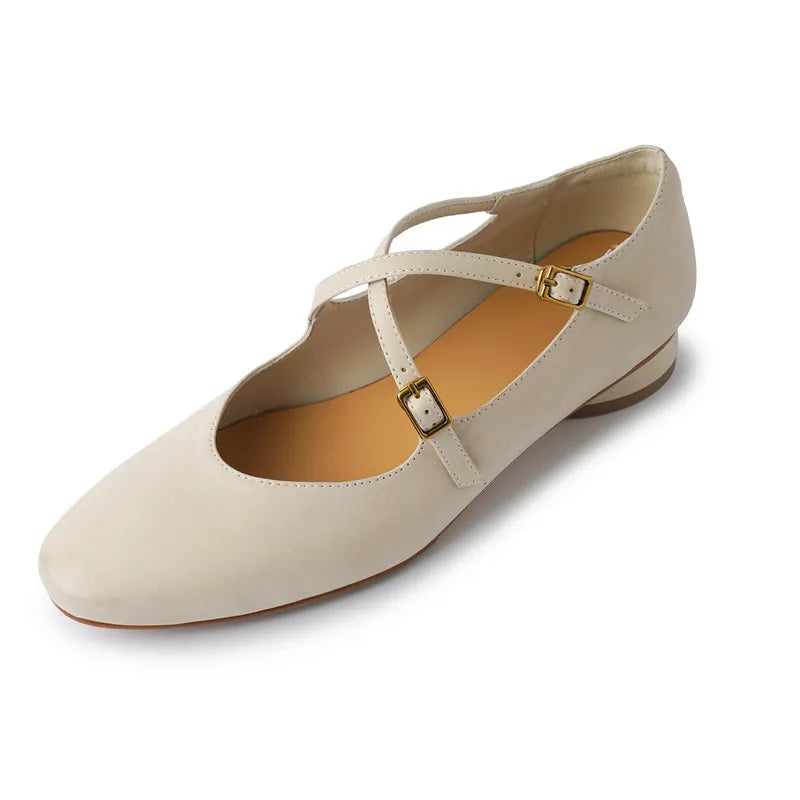 Womens Leather Cross Buckle Ballet Flats