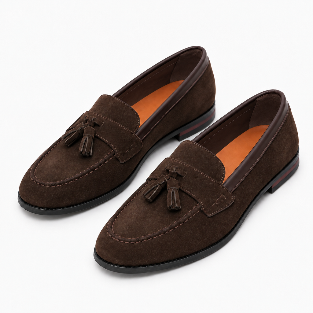 Brown suede tassel driving loafers pair view - dark brown interior lining