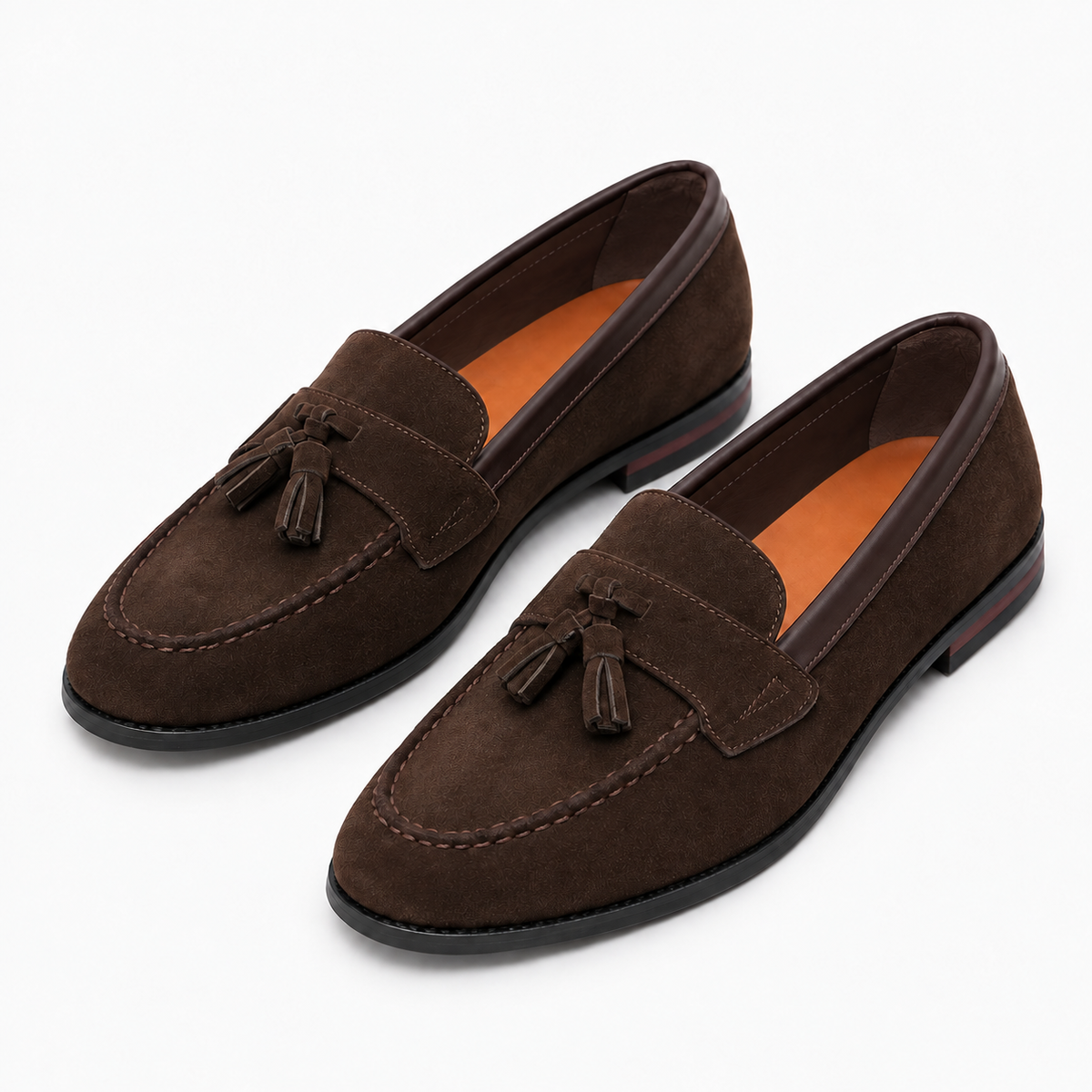 Brown suede tassel driving loafers pair view - dark brown interior lining